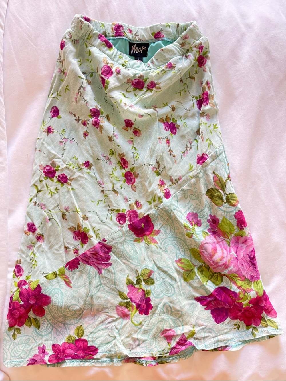 Floral A-Line Skirt in Light Mint with Pink Roses